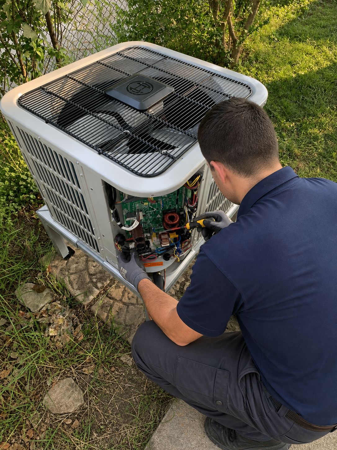 HVAC technician diagnosing an outdoor air conditioner