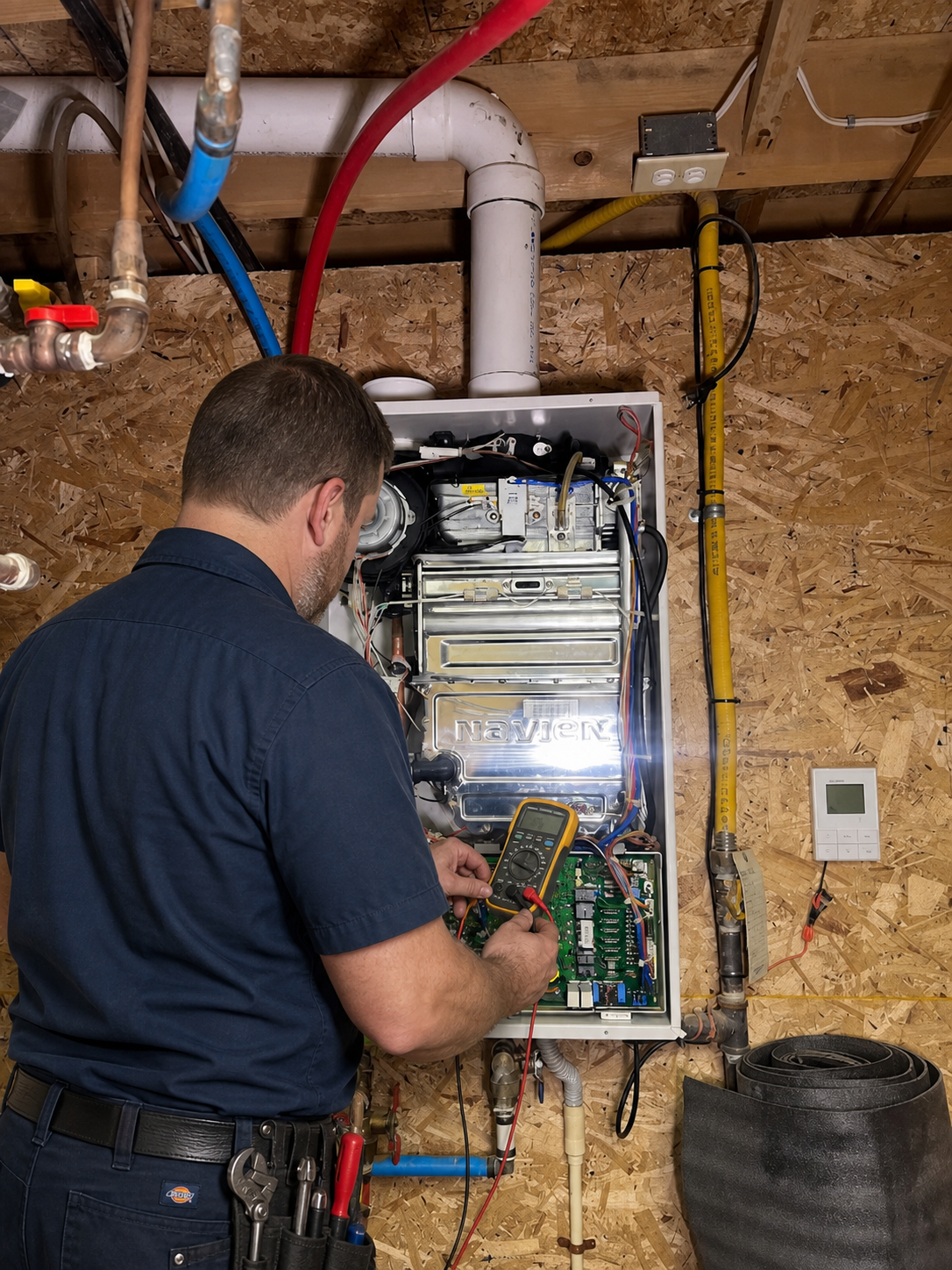 Heating technician inspecting residential equipment in Mississauga