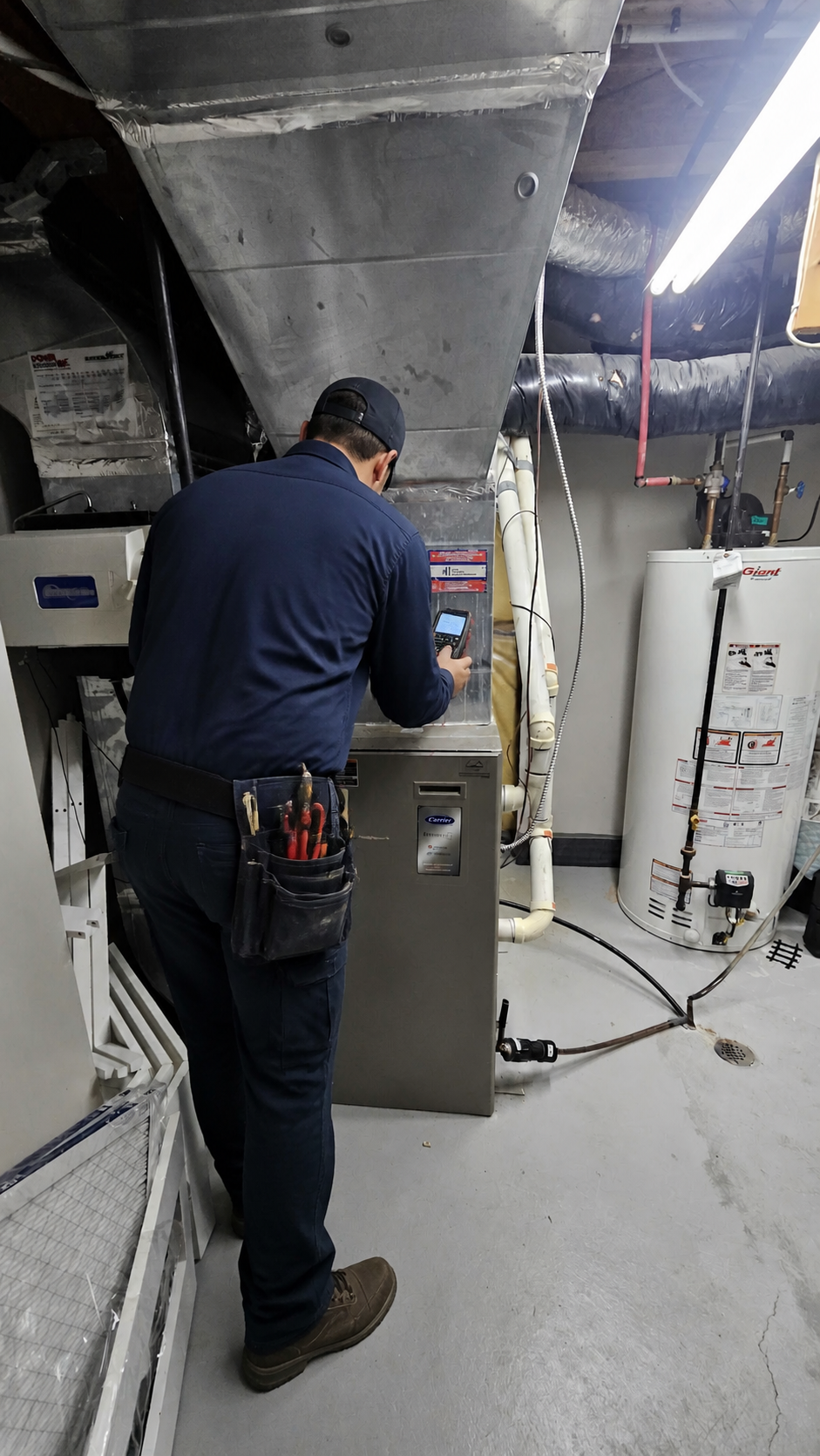 Technician inspecting a residential furnace in the GTA
